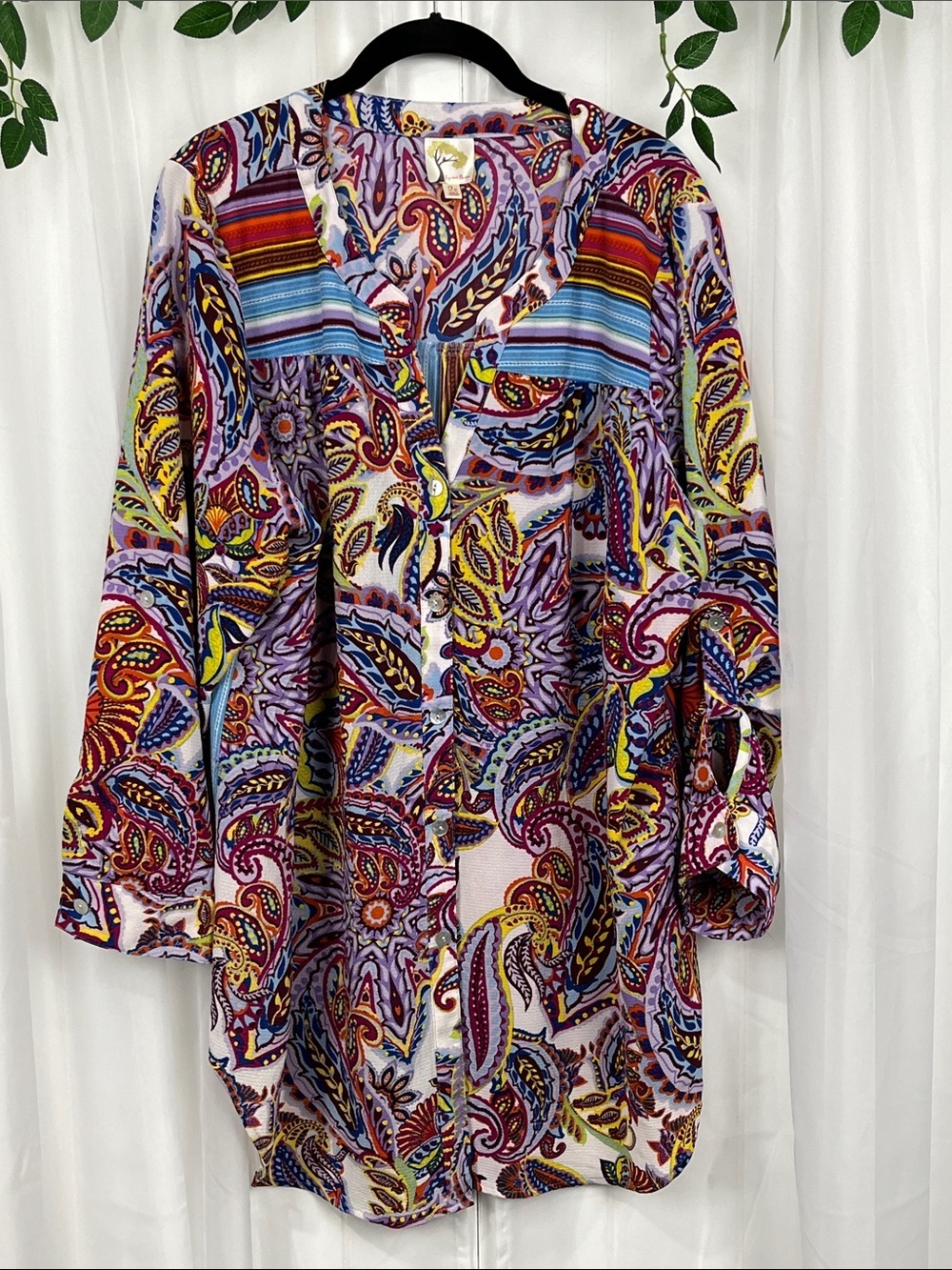 Fig & Flower Womens Shirt 2X Purple Yellow Long Sleeves Paisley Stripes Boho EUC